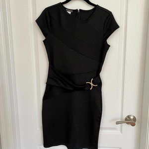 Venus Black Cap Sleeve Sheath Dress with Gold Buckle Detail Size S